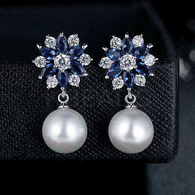 Platinum Plated Brass Flower Cubic Zirconia Stud Earrings EJEW-FF0002-08A-1