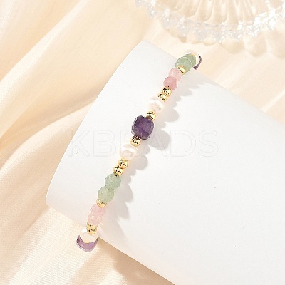 Natural Mixed Gemstone Faceted Round and Cube Beaded Bracelets with Natural Pearl & Brass End Chains BJEW-JB14336-02-1