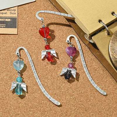 3Pcs 3 Colors Glass Bead Heart Angel Bookmarks AJEW-JK00276-1