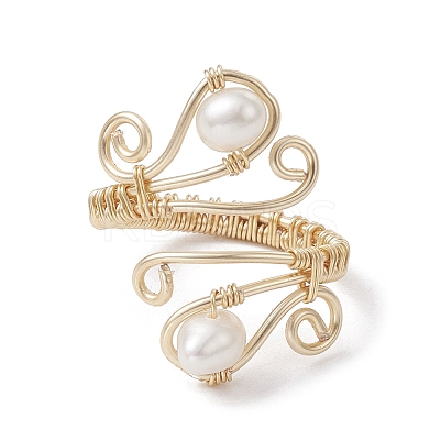 Copper Wire Wrapped Natural Cultured Freshwater Pearl Open Ring RJEW-JR00629-1