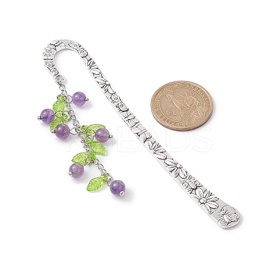 Mixed Natural Gemstone Bead Pendant Bookmarks with Acrylic Leaf AJEW-JK00272-1
