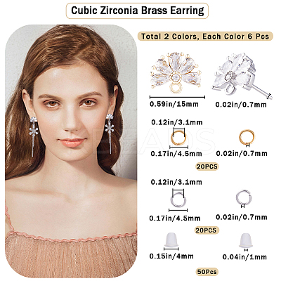 12Pcs 2 Color Brass Pave Clear Cubic Zirconia Flower Stud Earring Findings DIY-CN0002-80-1