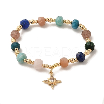 Faceted Rondelle Natural Fuchsite & Sunstone & Lapis Lazuli & Strawberry & Amazonite & Apatite & Rose Quartz Bead Stretch Bracelets BJEW-P318-02G-02-1