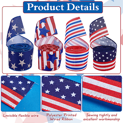 4 Rolls 4 Colors Independence Day Polyester Printed Wired Ribbon OCOR-PH0005-48-1