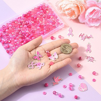 Breast Cancer Pink Awareness Ribbon Theme Alloy Enamel Pendants & Acrylic & Polymer Clay Beads Finding Kits DIY-YW0016-34-1