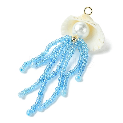 Natural Clam Shell & Glass Pearl & Glass Seed Beaded Big Pendants PALLOY-MZ00298-02-1
