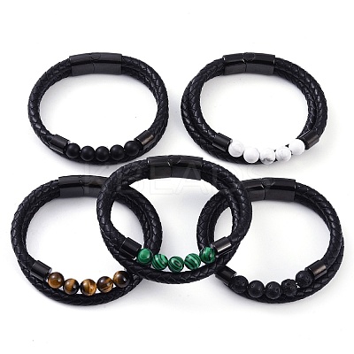 Mixed Stone Round Bead Leather Cord Multi-strand Bracelets BJEW-A009-10EB-1