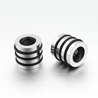 Nice Big Hole 304 Stainless Steel Wrapped Black Rubber Column Beads STAS-N066-07-1