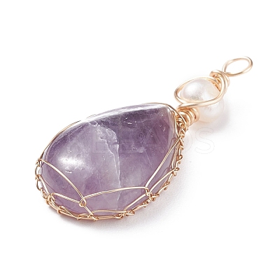 Natural Amethyst Copper Wire Wrapped Pendants PALLOY-JF01398-04-1