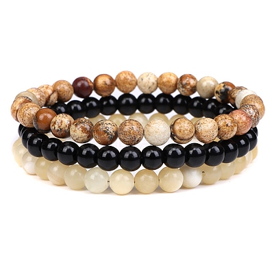 3Pcs 3 Style Natural Picture Jasper & Black Agate & Citrine Round Beaded Stretch Bracelets Set PW23030759584-1
