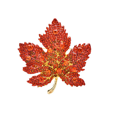 Autumn Maple Leaf Light Gold Alloy Rhinestone Brooch Pins PW-WG57699-01-1