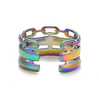 Ion Plating(IP) Rainbow Color 304 Stainless Steel Cable Chain Shape Open Cuff Ring for Women RJEW-C025-28M-1