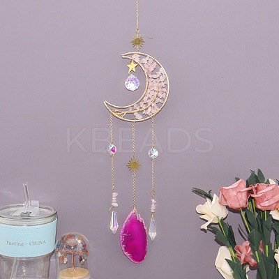 Copper Wire Wrapped Natural Rose Quartz Chips Moon Suncatcher HJEW-H065-04G-01-1