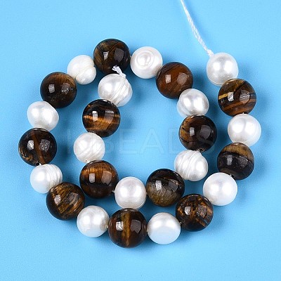 Natural Tiger Eye Round & Natural Cultured Freshwater Pearl Grooved Potato Beads Strands PEAR-N019-10-1