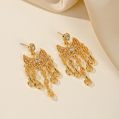 Golden Crescent Moon Tassel Brass Dangle Stud Earrings TM2234-3-1