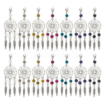 28Pcs 7 Colors Dyed Natural Lava Rock & Tibetan Style Alloy Pendant Decorations HJEW-AB00410-1