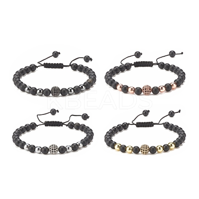 4Pcs 4 Color Natural Obsidian & Synthetic Hematite Braided Bead Bracelet with Cubic Zirconia BJEW-JB08117-1