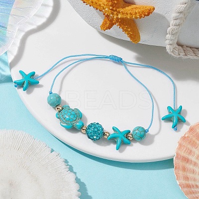 Starfish & Turtle Synthetic Turquoise(Dyed & Heated) Braided Bead Bracelets BJEW-JB09818-01-1