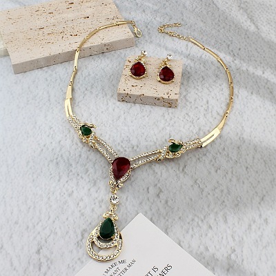 Teardrop Alloy Rhinestone Pendant Necklaces & Stud Dangle Earrings Sets for Women FS-WGFB3C6-01-1