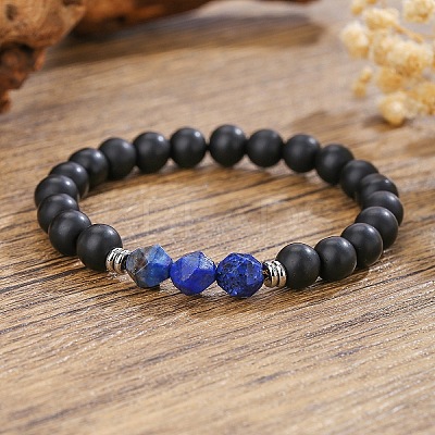 Bohemian Natural Black Onyx & Lapis Lazuli Beaded Stretch Bracelets ZX5026-3-1