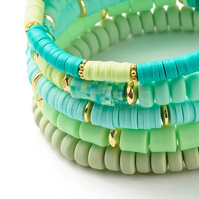 Natural Sandalwood Round & Polymer Clay Heishi Beads Stretch Bracelets Sets BJEW-JB07437-1