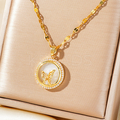 Brass Clear Cubic Zirconia Flat Round Butterfly Pendant Dapped Chain Necklaces for Women LS-WA9125-1
