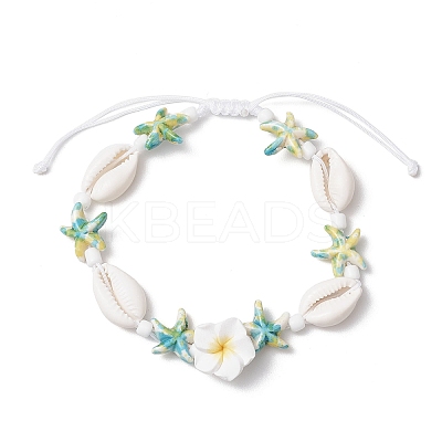 Starfish & Plumeria Synthetic Turquoise & Natural Cowrie Shell & Polymer Clay Beads Braided Bead Bracelets for Women BJEW-JB11847-1