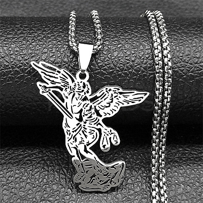 201 Stainless Steel Archangel Saint Michael Pendant Necklaces LS-NJEW-K283-10P-1