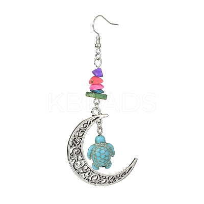 Dyed Synthetic Turquoise Crescent Moon with Tortoise Dangle Earring EJEW-JE05269-02-1