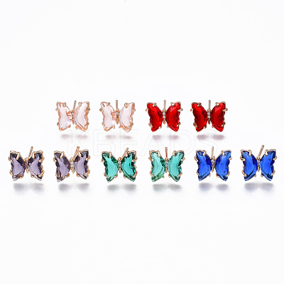 Cubic Zirconia Butterfly Stud Earrings with Glass KK-S365-003-1