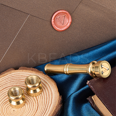 1Pc Golden Tone Brass Wax Seal Stamp Heads with Bamboo Stick Shaped Handles STAM-CP0001-05V-1