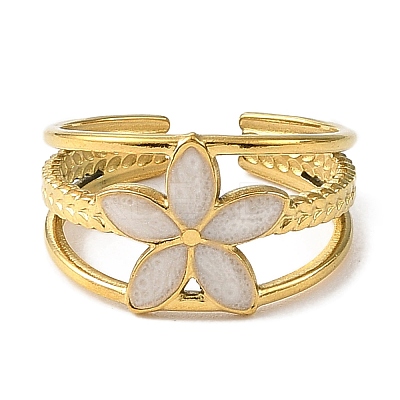 Flower 304 Stainless Steel Enamel Open Cuff Rings for Women RJEW-F166-21G-02-1