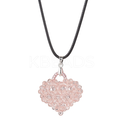 Electroplated Glass Beaded Heart Pendant Black Waxed Cotton Cord Necklaces for Women NJEW-MZ00120-02-1