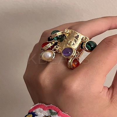 Natural Malachite & Lampwork Charms Finger Rings for Women RJEW-Z047-03G-1