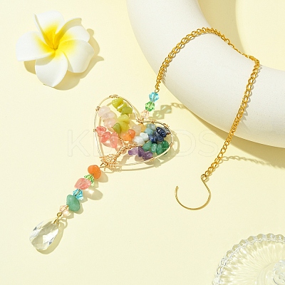 Wire Wrapped Natural Gemstone Chip Heart with Tree Pendant Decoration HJEW-FS00021-1