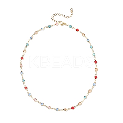 Brass & Colorful Glass Flat Round Link Chain Necklaces for Women NJEW-JN05451-1