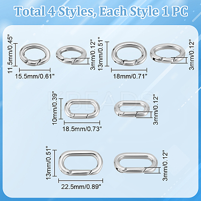 4Pcs 4 Styles 304 Stainless Steel Spring Gate Ring STAS-UN0059-41-1