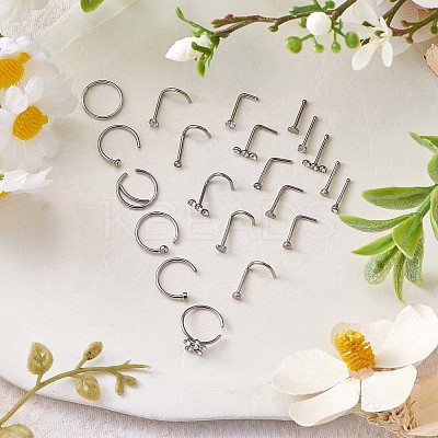 21Pcs 21 Style Clear Cubic Zirconia Flower & Flat Round & Heart Nose Studs & Rings Set JX527B-1