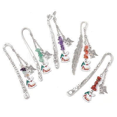 5Pcs 5 Styles Christmas House & Angel Alloy Pendant Bookmarks AJEW-JK00341-1
