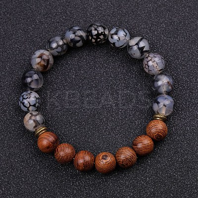 Dyed Natural Crackle Agate & Wood Round Beaded Stretch Bracelets PW-WG48929-08-1