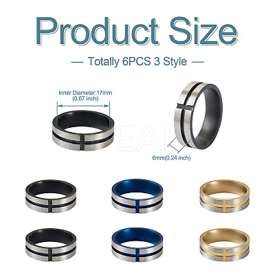 6Pcs 3 Style Stainless Steel Plain Band Rings RJEW-CF0001-01-1