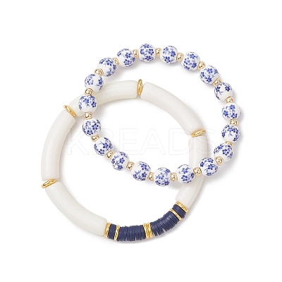 2Pcs 2 Styles Handmade Flower Porcelain Ceramic Round Beads Stretch Bracelets & Polymer Clay Heishi Beads Stretch Bracelets BJEW-JB12071-1