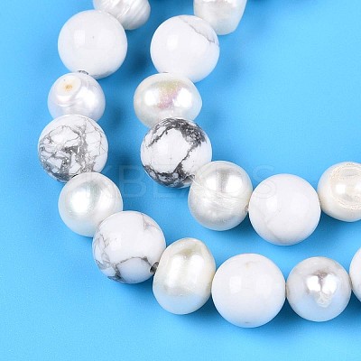 Natural Howlite Round & Natural Cultured Freshwater Pearl Grooved Potato Beads Strands PEAR-N019-08-1