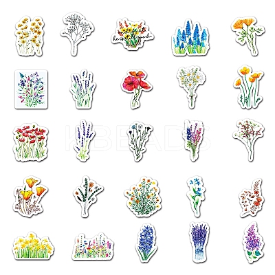 50Pcs Mixed Styles Flower Pattern Waterproof PVC Plastic Stickers STIC-PW0001-367-1
