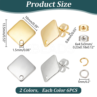 Rhombus 304 Stainless Steel Stud Earring Findings STAS-LP0001-13-1