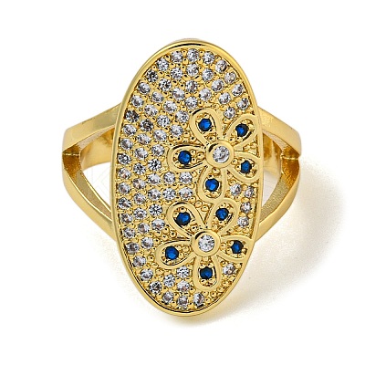 Oval with Flower Brass Micro Pave Cubic Zirconia Open Cuff Rings for Women RJEW-Z050-15G-1