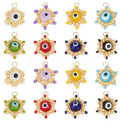 16Pcs 8 Colors Glass Seed Beaded Star Charm with Evil Eye Beads Pendants PALLOY-GO00071-1