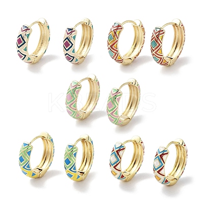 Real 18K Gold Plated Brass Enamel Rhombus Print Hoop Earrings for Women EJEW-L269-114G-1