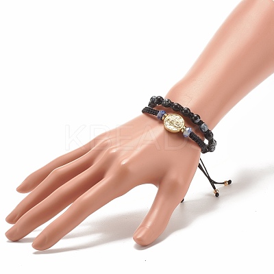 2Pcs 2 Style Natural Snowflake Obsidian & Blue Spot Jasper Braided Bead Bracelets Set with Brass Virgin Mary BJEW-JB07947-1