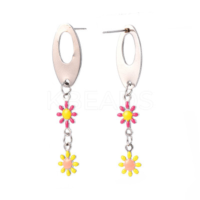 Oval with Flower Enamel Long Dangle Stud Earrings EJEW-N049-05A-1